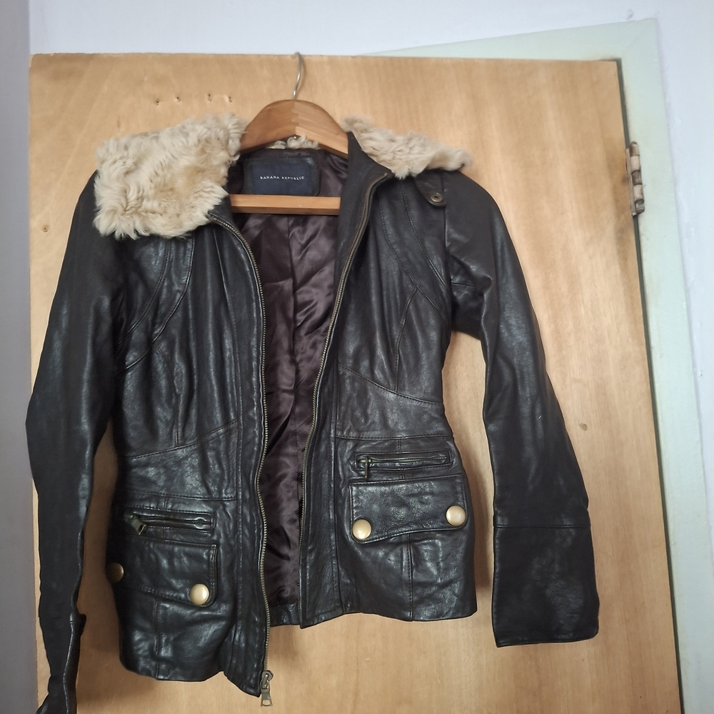 Banana Republic Chocolate Leather Jacket with Cream Faux Fur